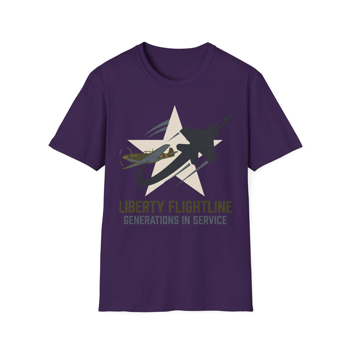 Purple crewneck t-shirt with jet graphic and “Liberty Flightline Generations in Service” print