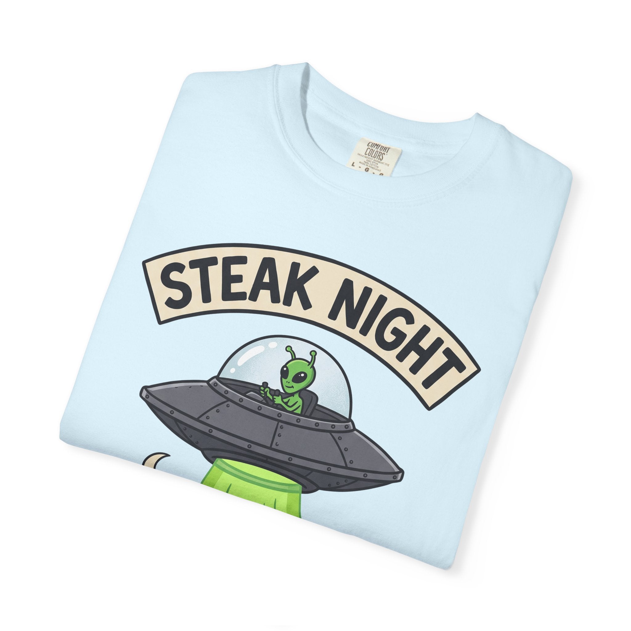 Light blue short-sleeve T-shirt with 'STEAK NIGHT' UFO and alien graphic