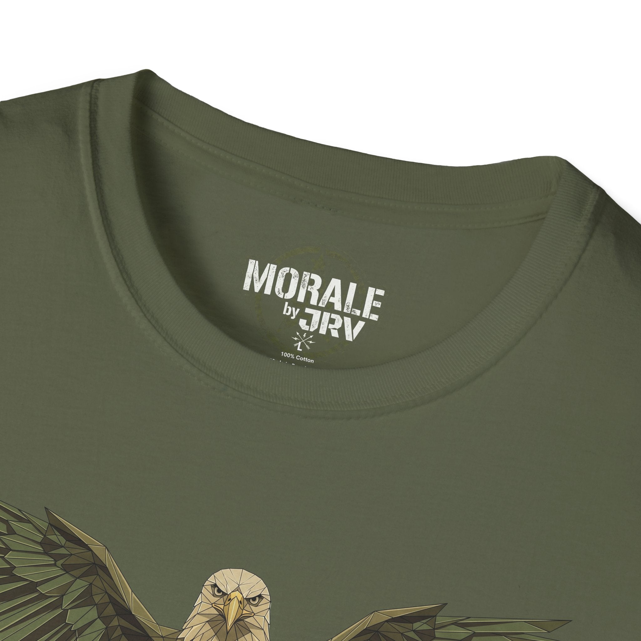 Military green T-shirt neckline close-up with “MORALE by TRV” label and raptor graphic.