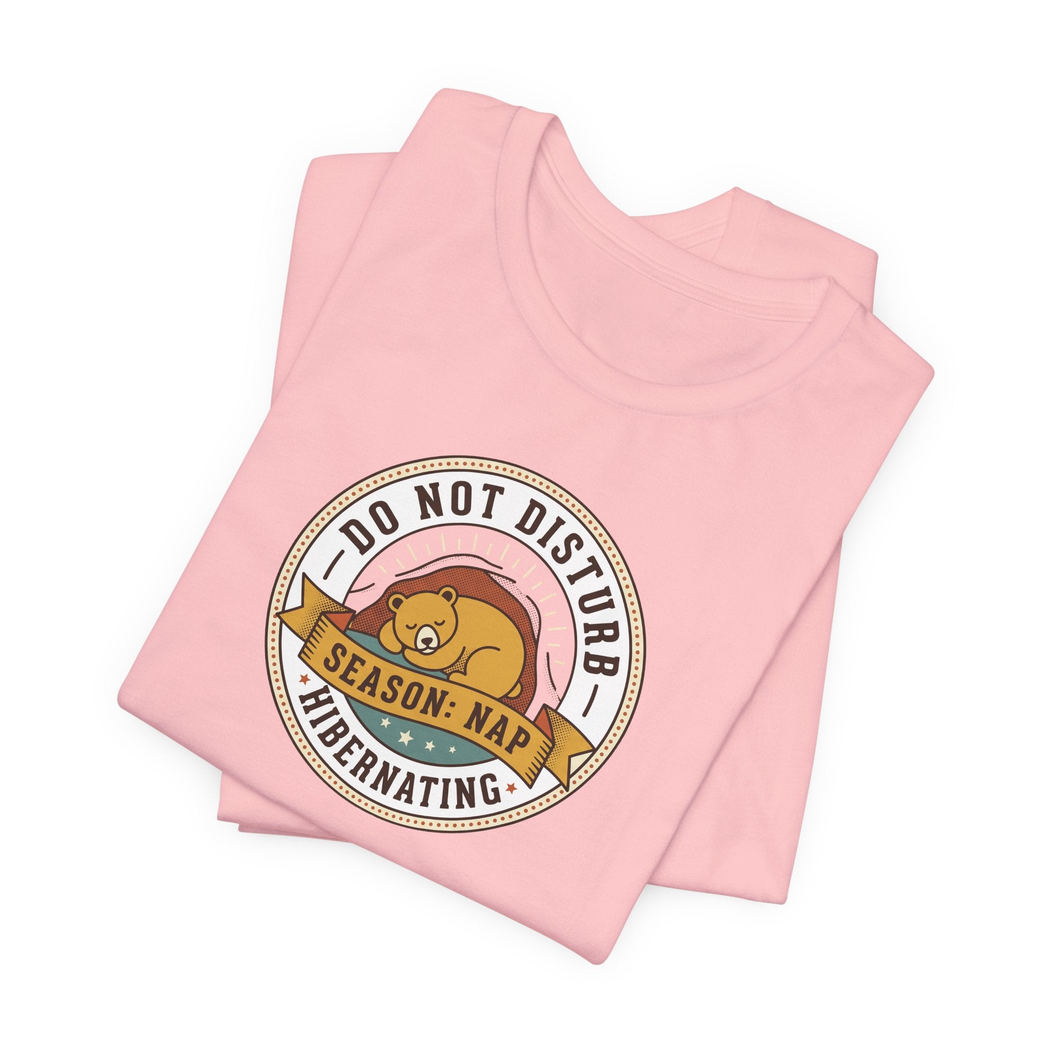Pink T-shirt with sleeping bear circular “Do Not Disturb” graphic