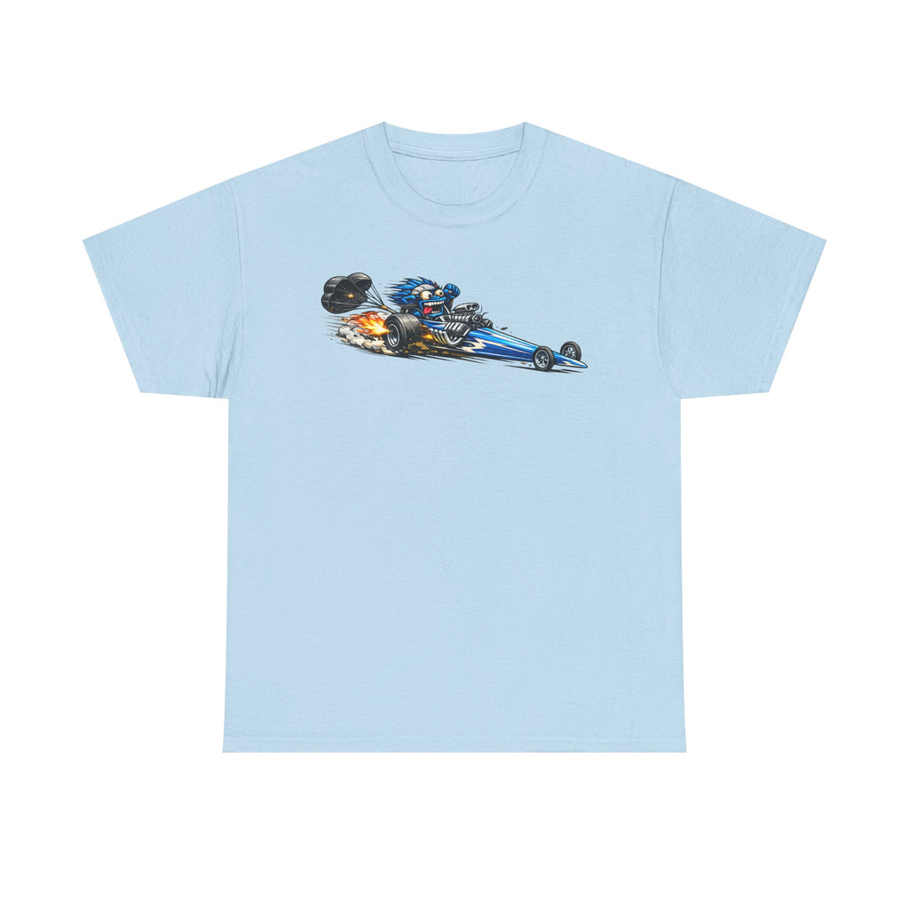 Light blue graphic tee with flaming dragster hot rod car front print