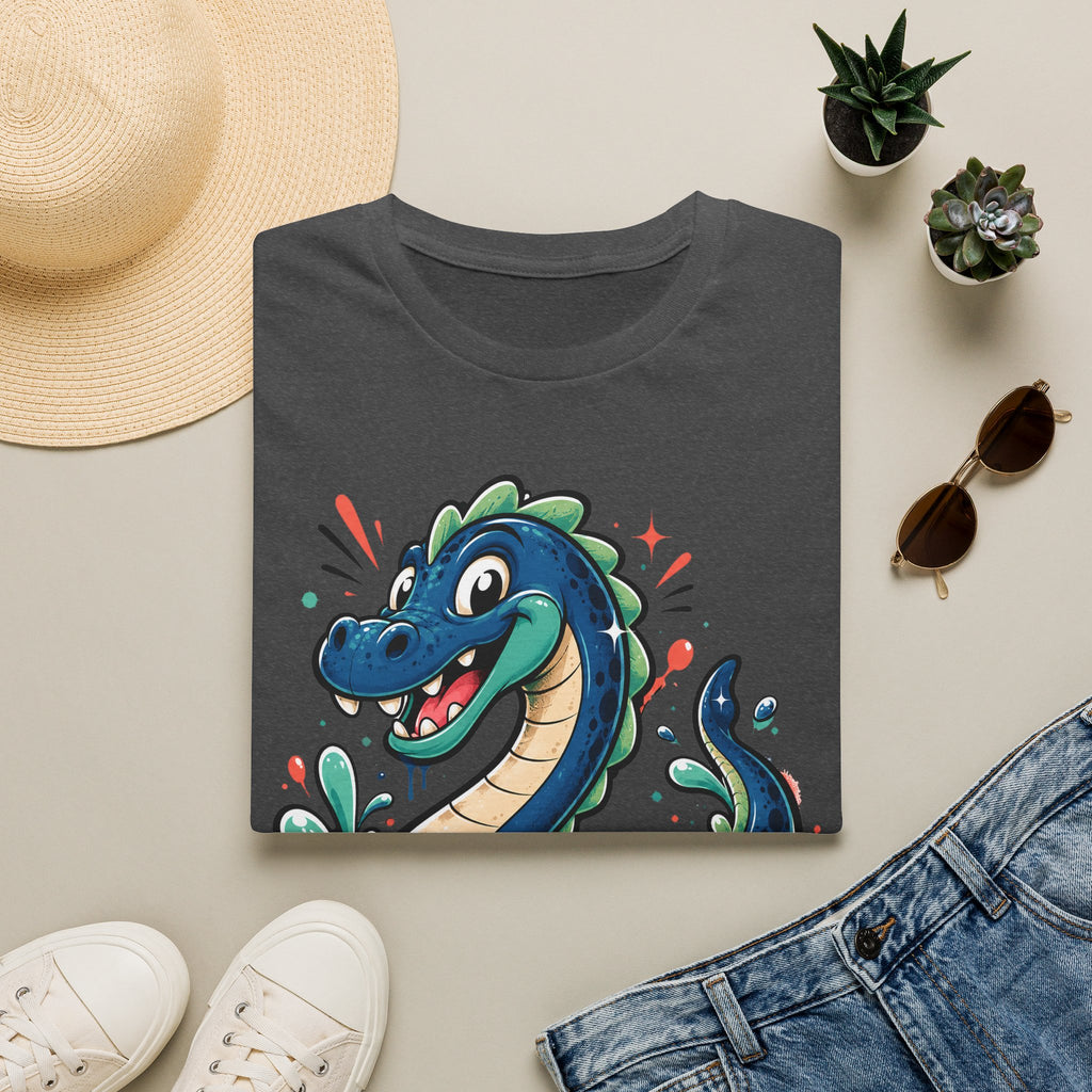 Charcoal gray sea serpent graphic T-shirt with smiling cartoon lake monster on front