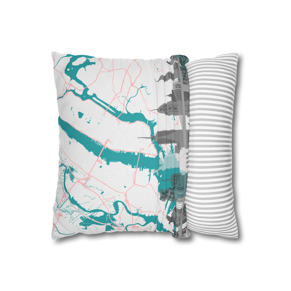 Teal city map skyline square pillowcase with striped back cushion