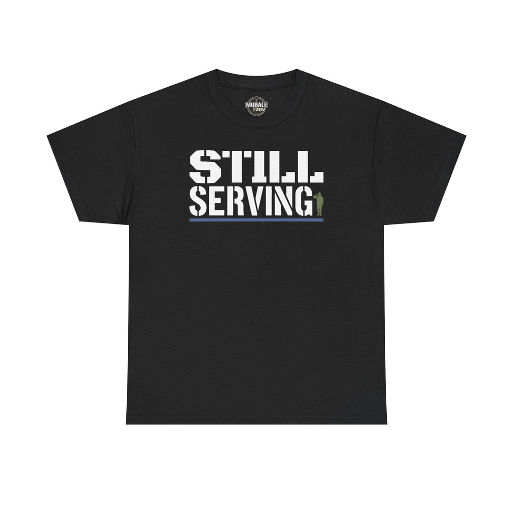 Black crewneck T-shirt with center “STILL SERVING” graphic
