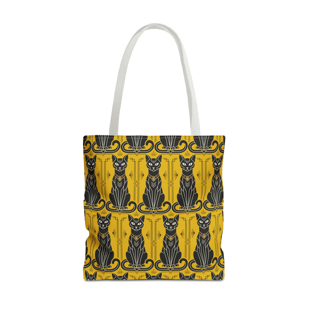 Tote bag with ornate blue frame cats on yellow, light gray top handles.