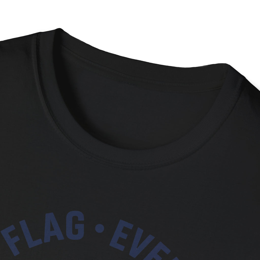 Black crew-neck T-shirt with blue "FLAG • EVER" text on chest