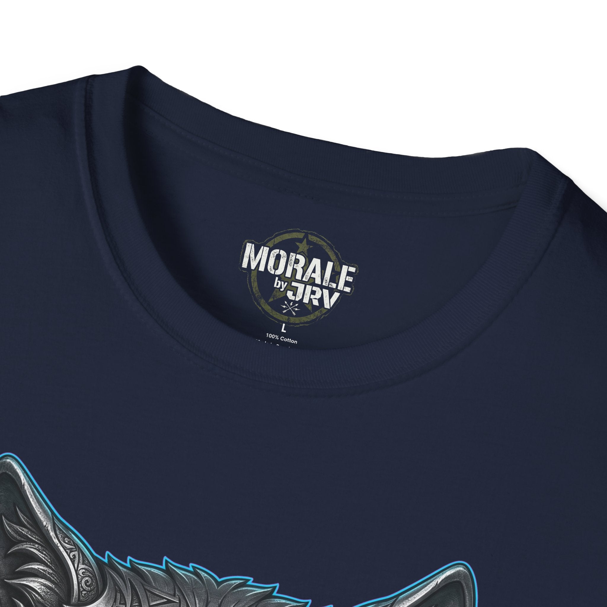 Navy T-shirt neckline with small chest logo