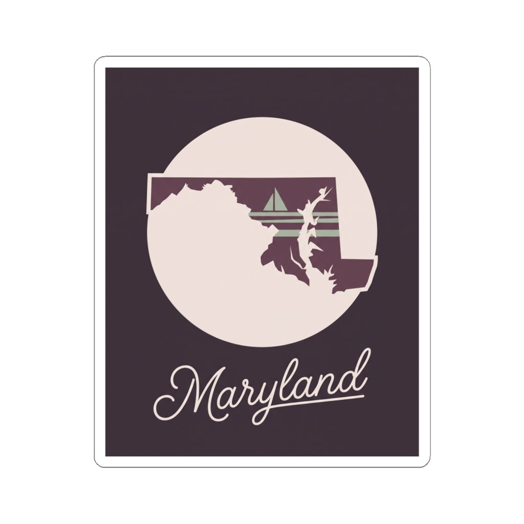 Maryland state silhouette kiss-cut vinyl sticker: circular badge and “Maryland” script
