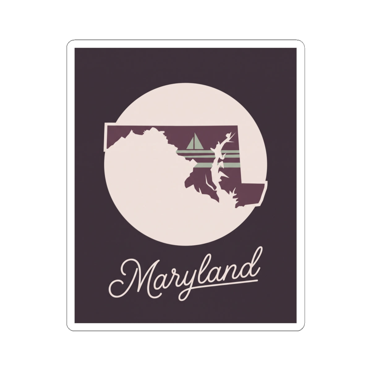 Maryland state silhouette kiss-cut vinyl sticker: circular badge and “Maryland” script
