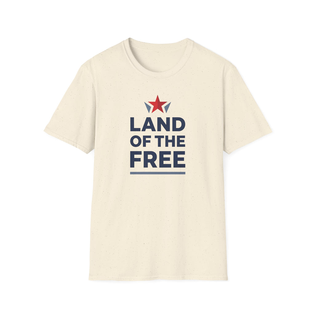 Cream crew-neck T-shirt with red star above “LAND OF THE FREE” graphic
