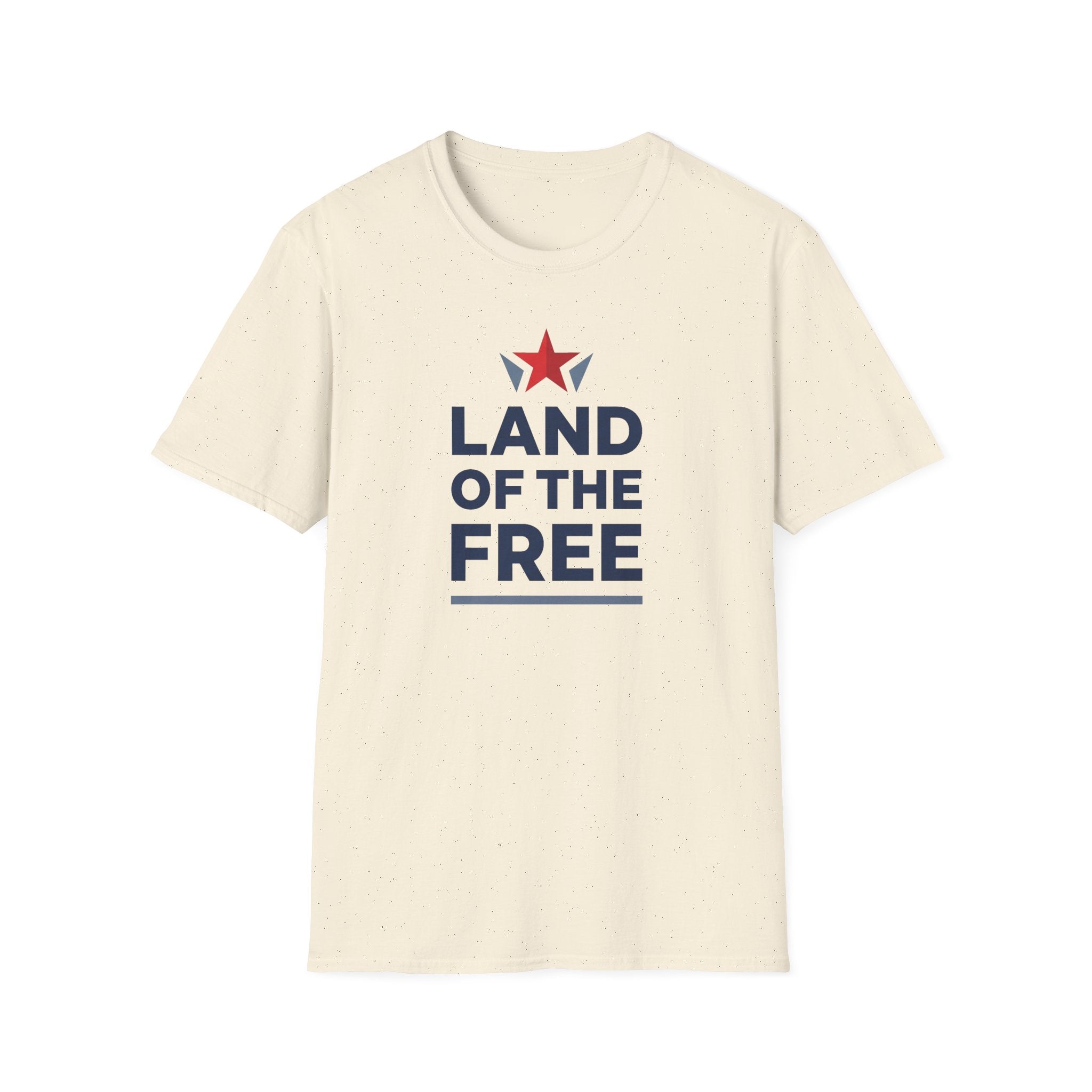 Cream crew-neck T-shirt with red star above “LAND OF THE FREE” graphic