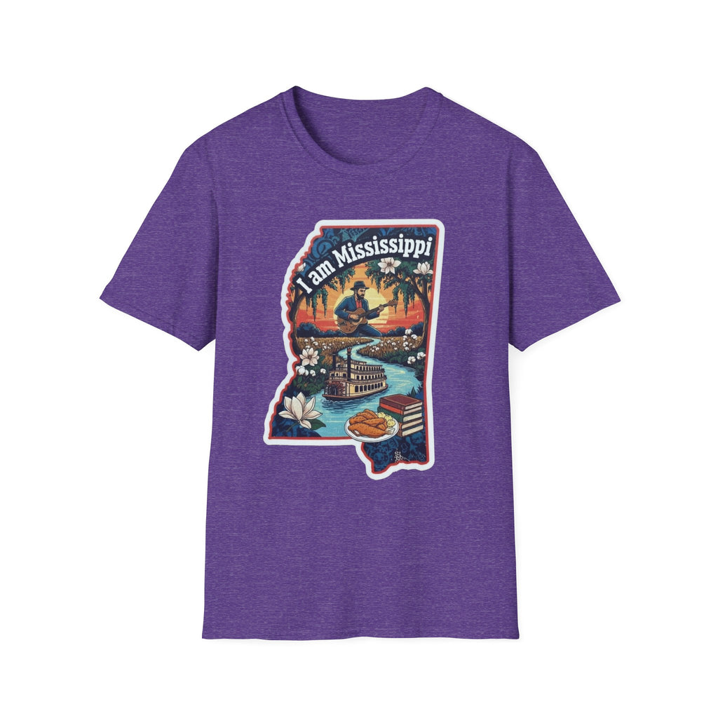 Purple T-shirt with colorful Mississippi state graphic, riverboat and magnolia flowers