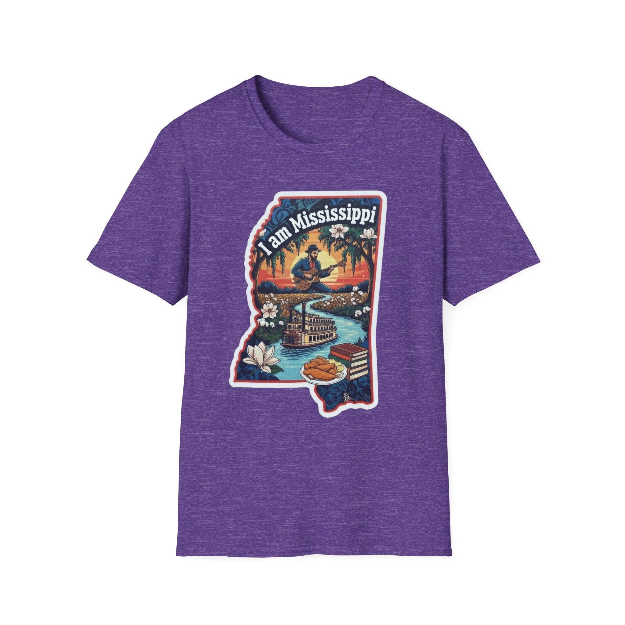 Purple T-shirt with colorful Mississippi state graphic, riverboat and magnolia flowers
