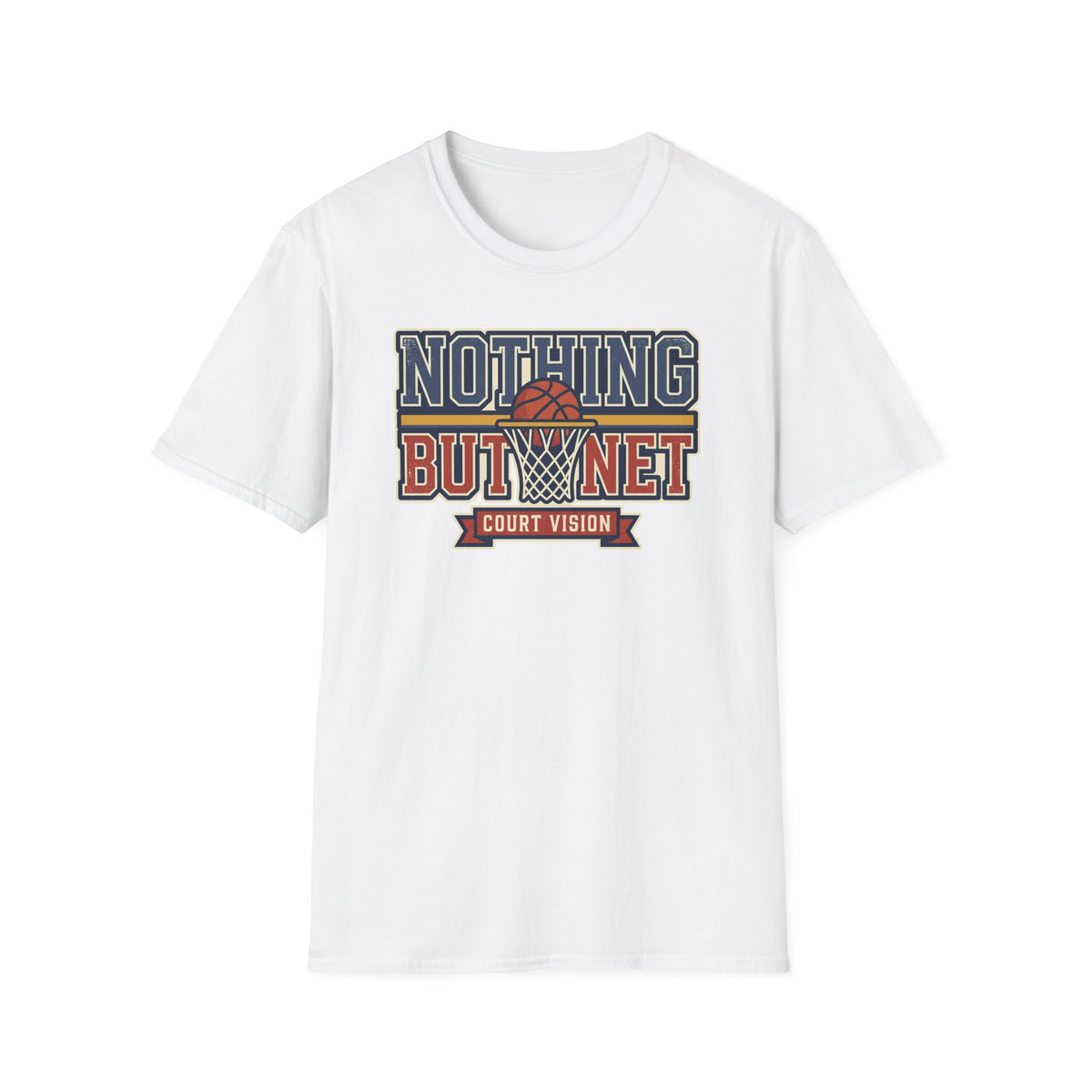 White crew-neck T-shirt with “Nothing But Net” court vision basketball graphic print