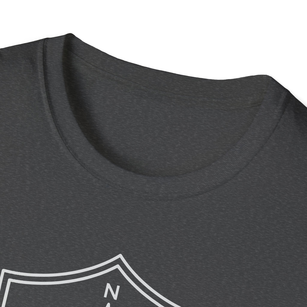 Dark heather compass shield T-shirt with crew neckline and partial shield compass graphic