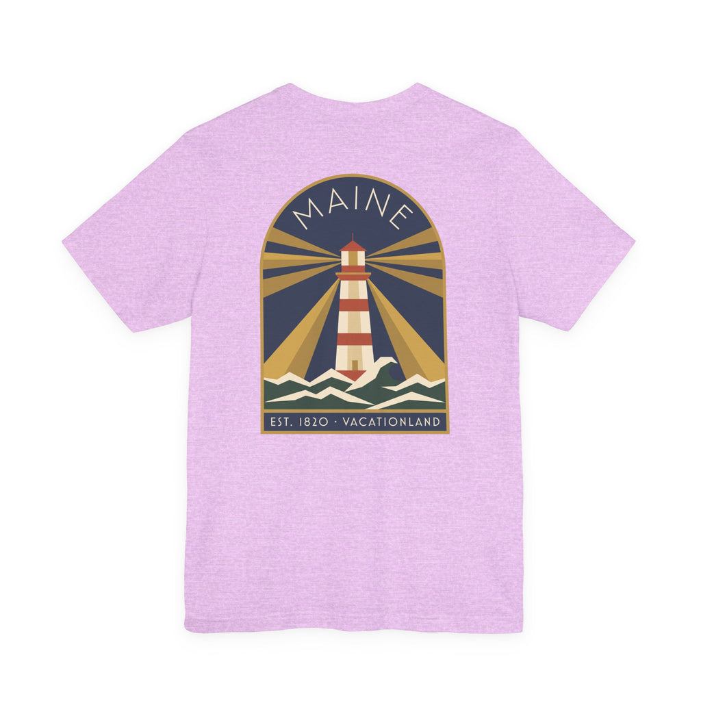 Light purple crewneck T-shirt with vintage lighthouse graphic in circular badge