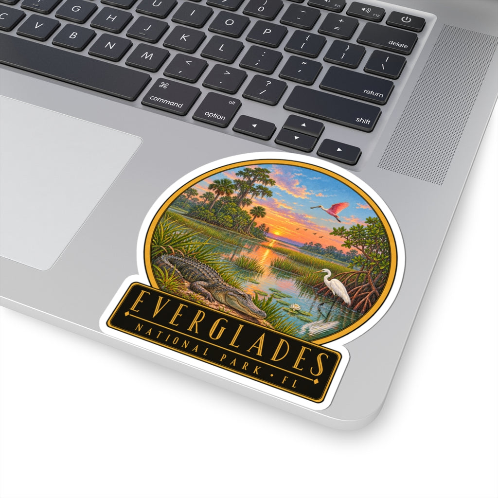 Everglades National Park kiss-cut sticker with sunset reflection, palm trees, heron, and bird