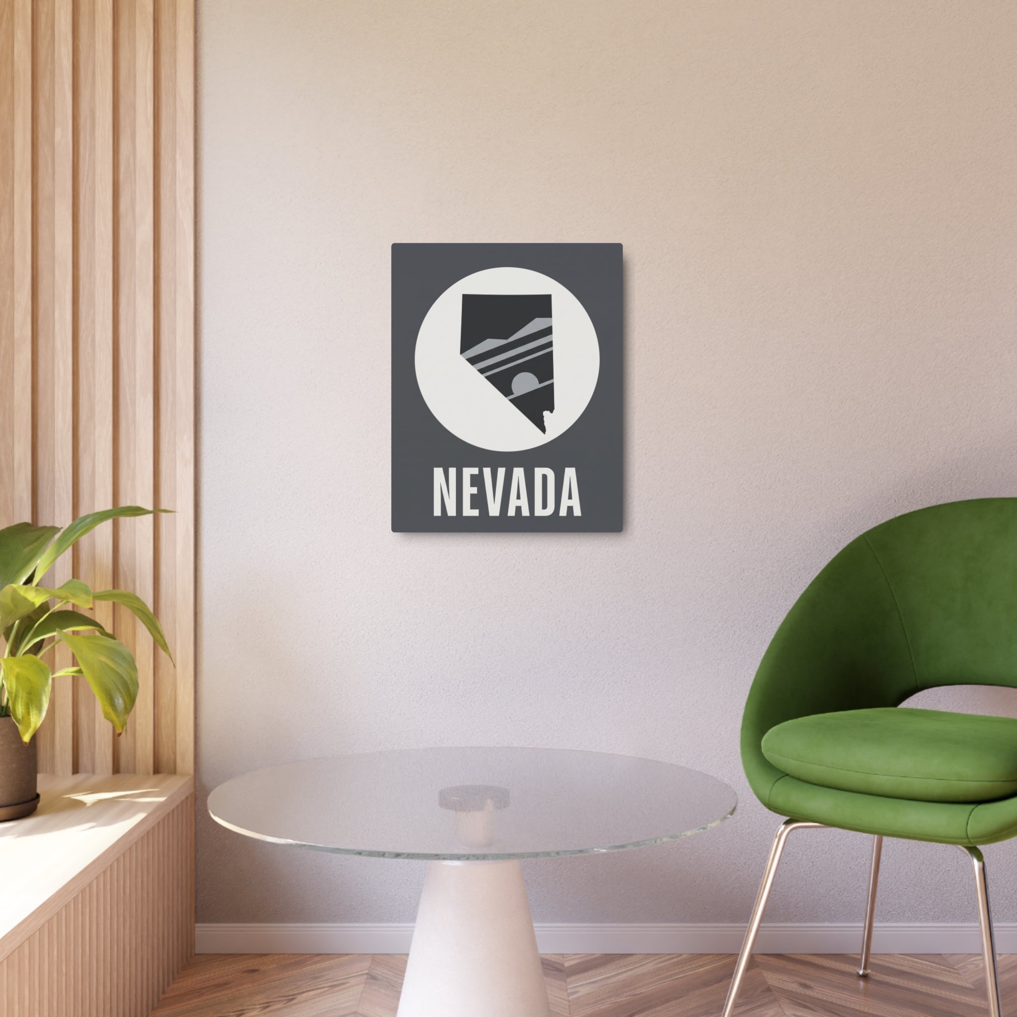 Nevada state silhouette metal art sign with circular emblem, mounted on cream wall