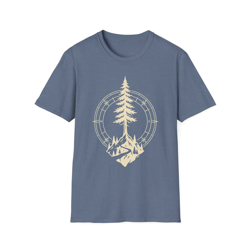 Heather indigo T-shirt with pine tree compass graphic in light yellow-gold