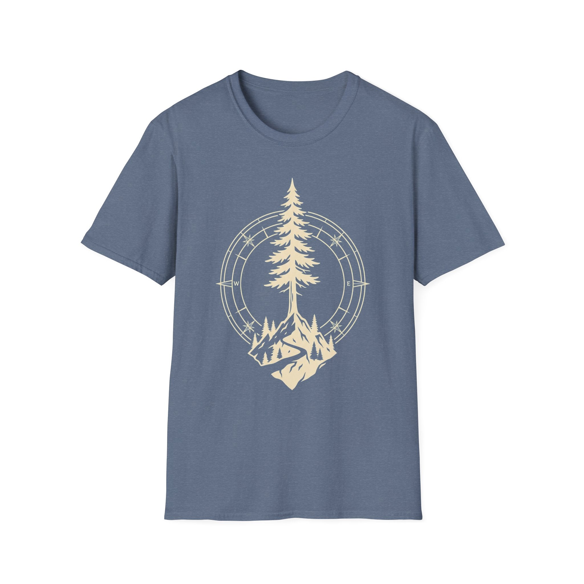 Heather indigo T-shirt with pine tree compass graphic in light yellow-gold