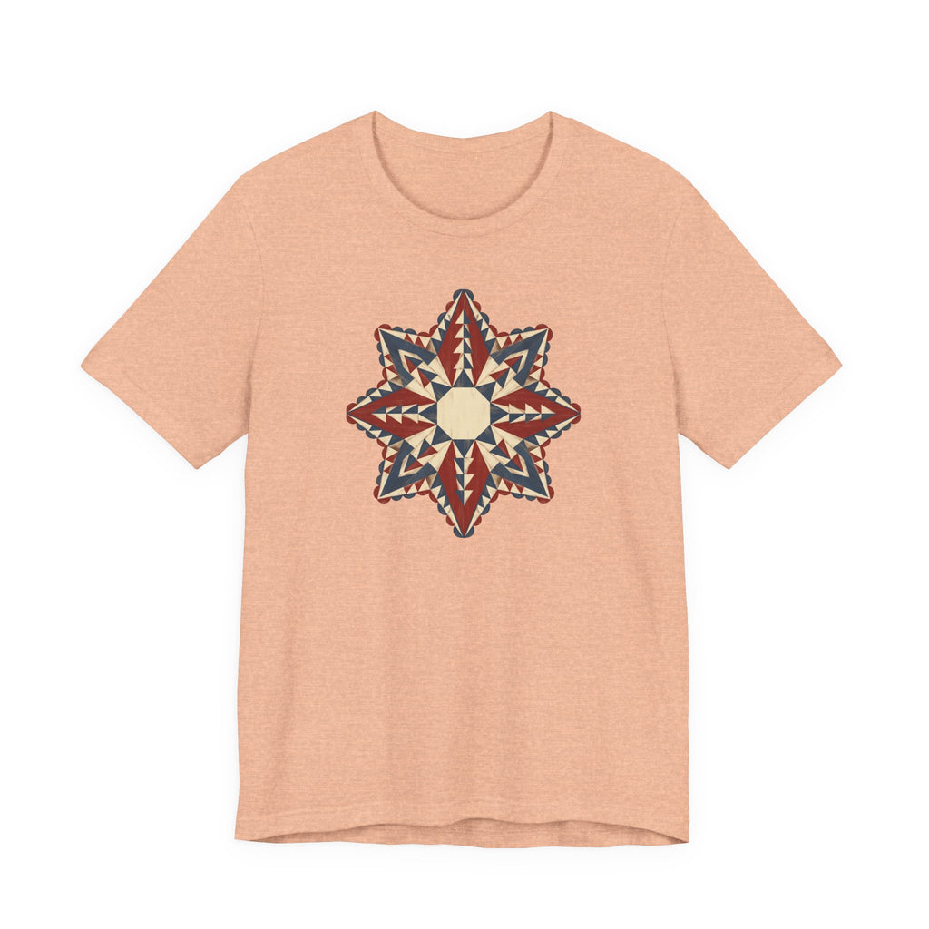 Light orange graphic tee with colorful star mandala geometric compass print