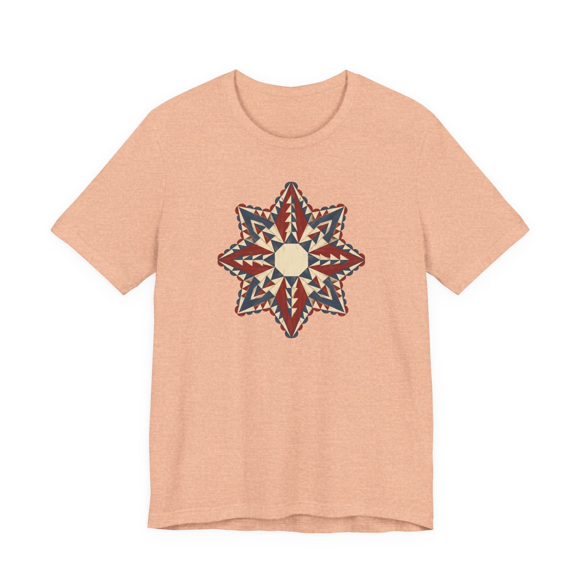 Light orange graphic tee with colorful star mandala geometric compass print