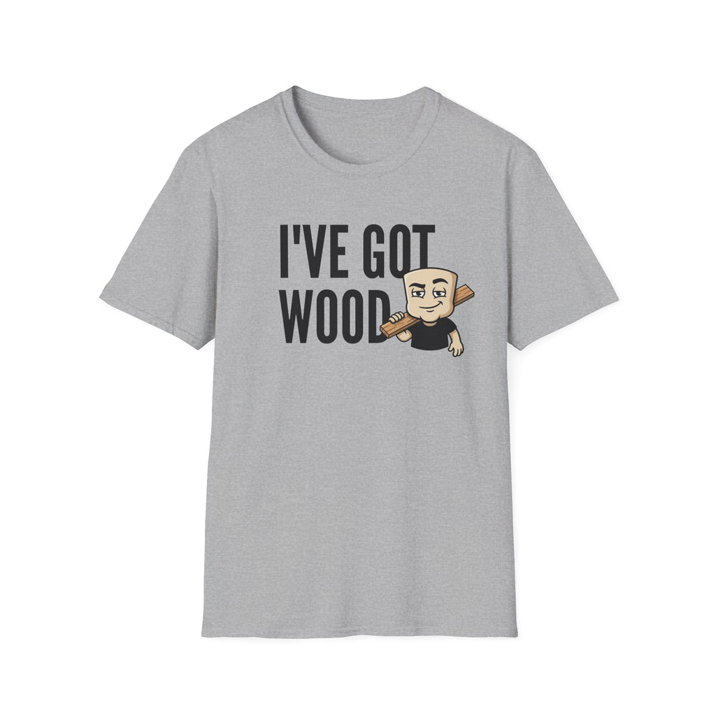 Sport heather gray T-shirt with 'I've Got Wood' graphic and cartoon carpenter holding wood