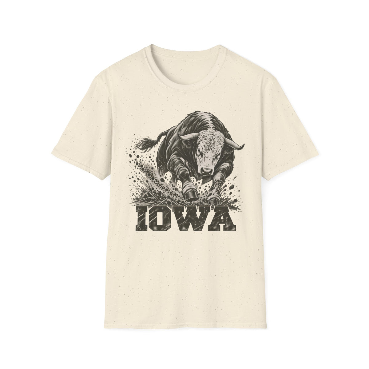 Light beige crewneck t-shirt with charging bull and Iowa graphic print on front