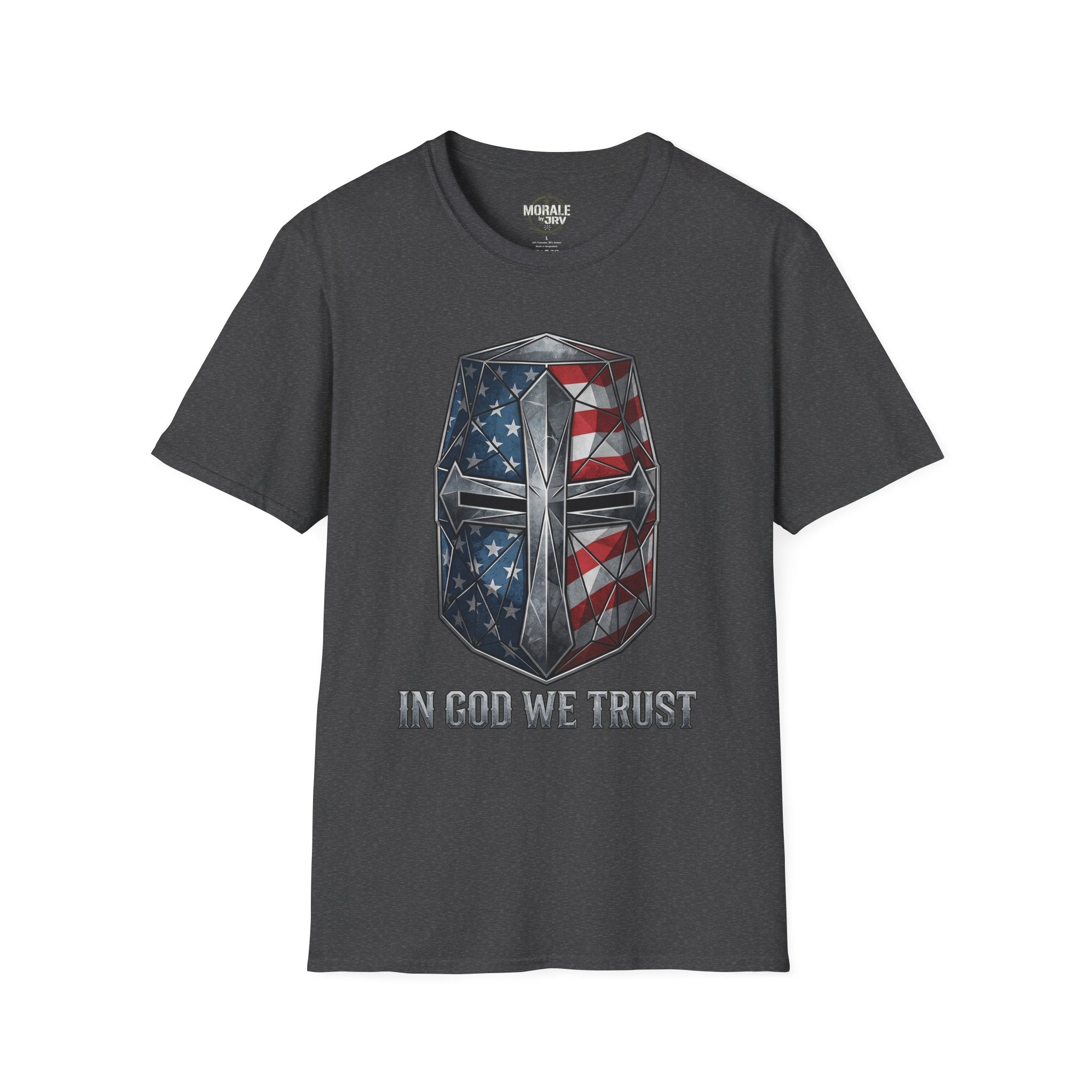 Dark heather T-Shirt showing American-flag crusader helmet graphic with “IN GOD WE TRUST”