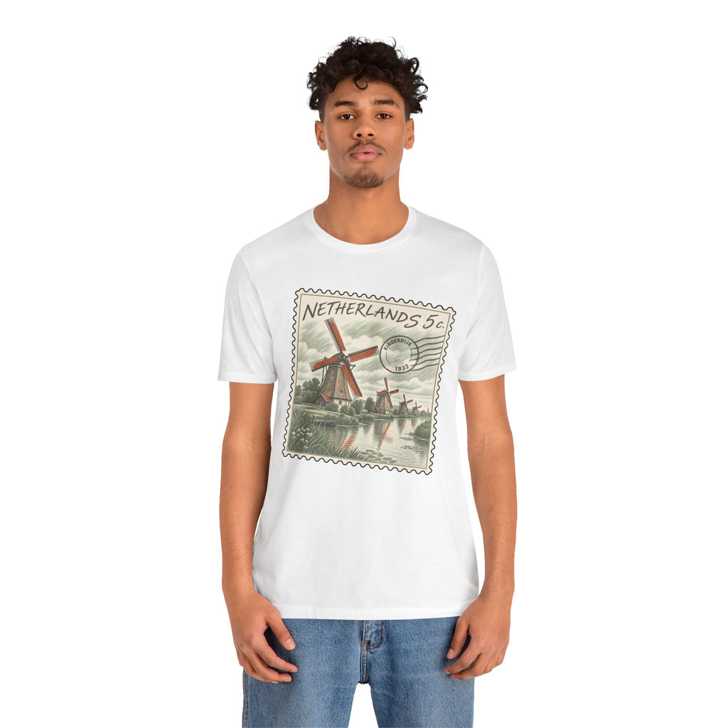 White crew-neck T-shirt with front Netherlands postage stamp graphic print
