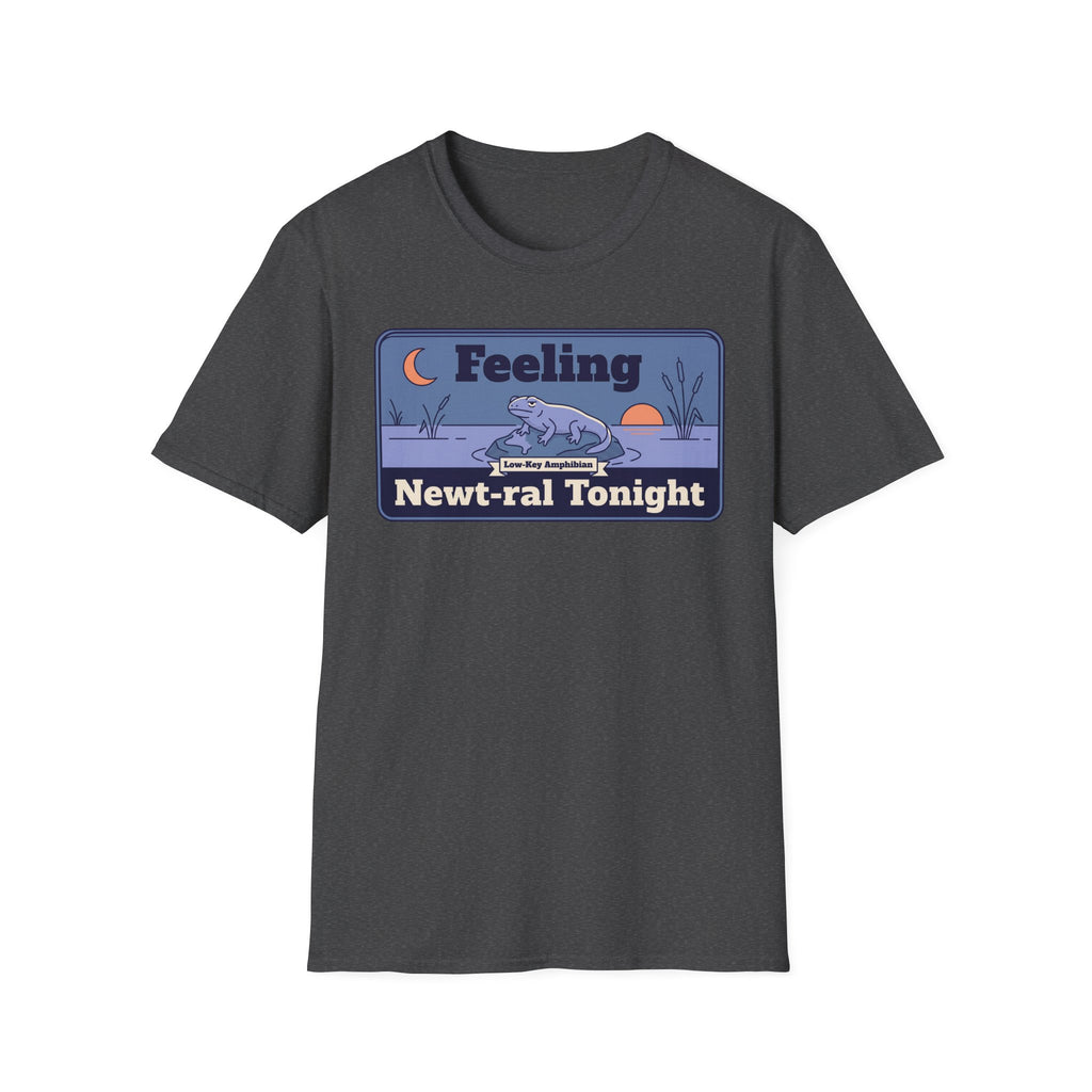 Dark heather crewneck short-sleeve T-shirt with “Feeling Newt-ral Tonight” newt graphic.