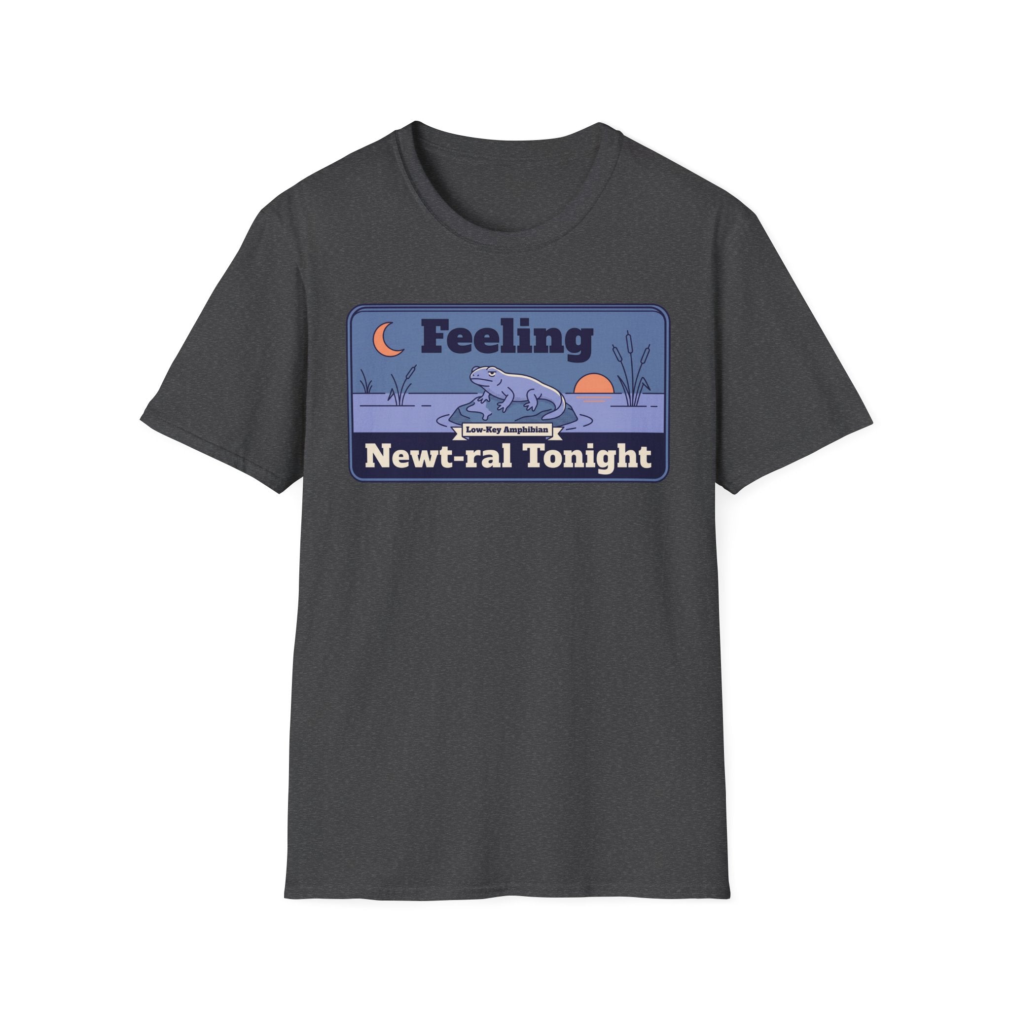 Dark heather crewneck short-sleeve T-shirt with “Feeling Newt-ral Tonight” newt graphic.