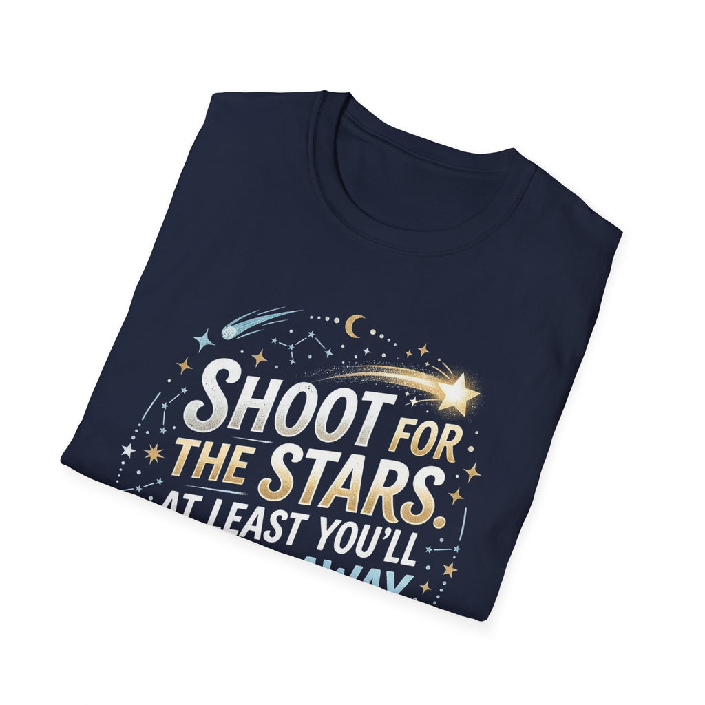 Navy front graphic T-shirt with “Shoot for the Stars” text, stars and crescent moon