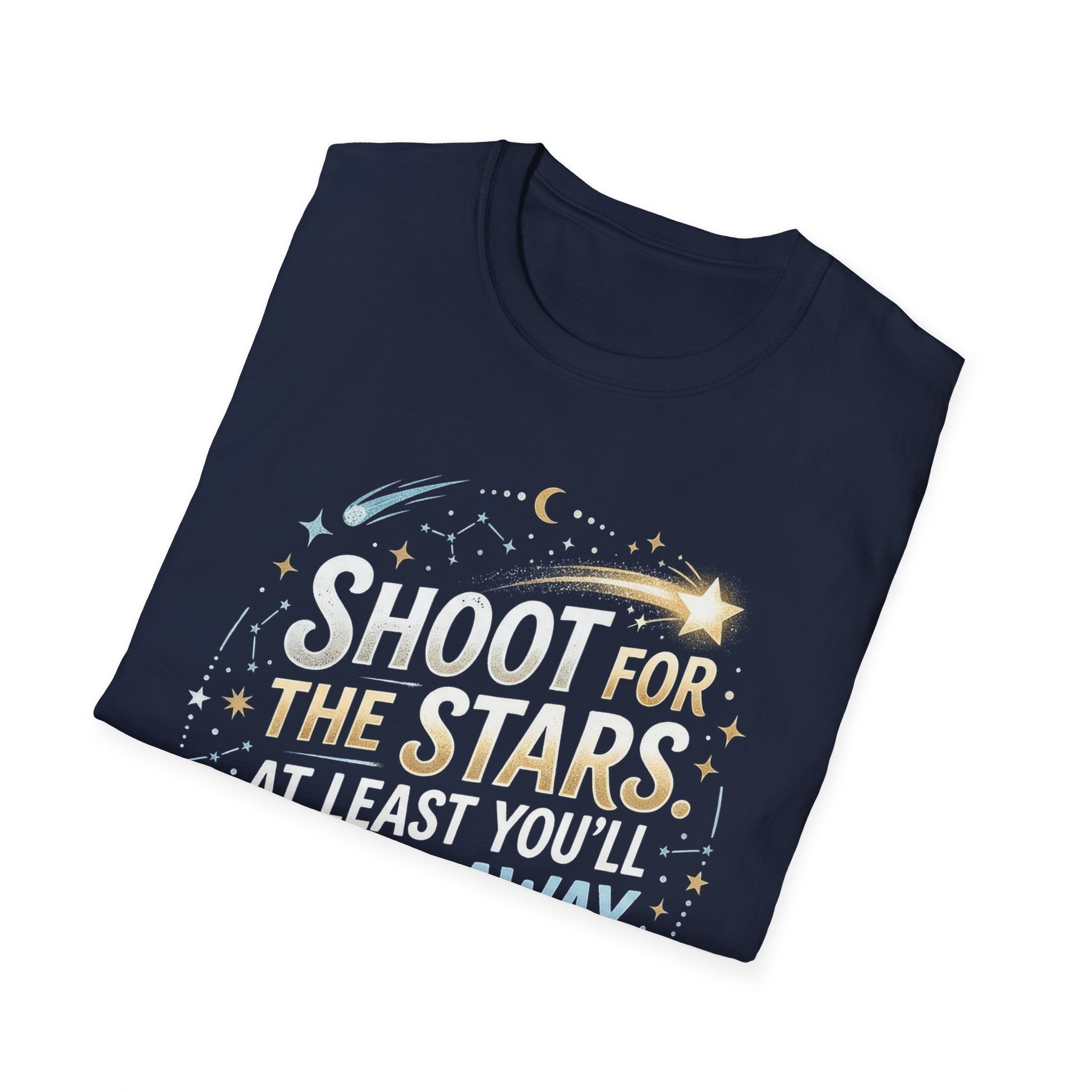 Navy front graphic T-shirt with “Shoot for the Stars” text, stars and crescent moon
