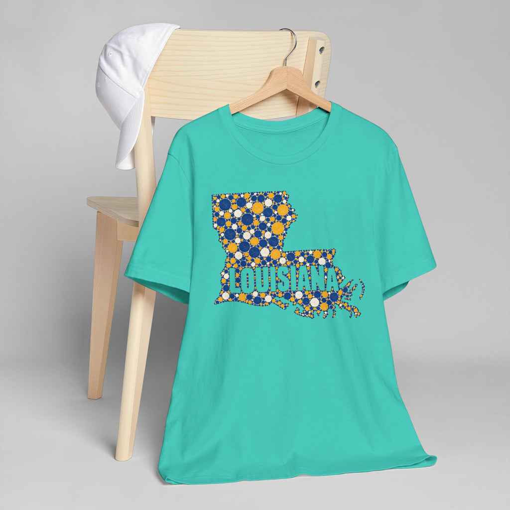 Louisiana State Shape Floral T-Shirt | Blue and Gold Louisiana Outline Graphic Tee