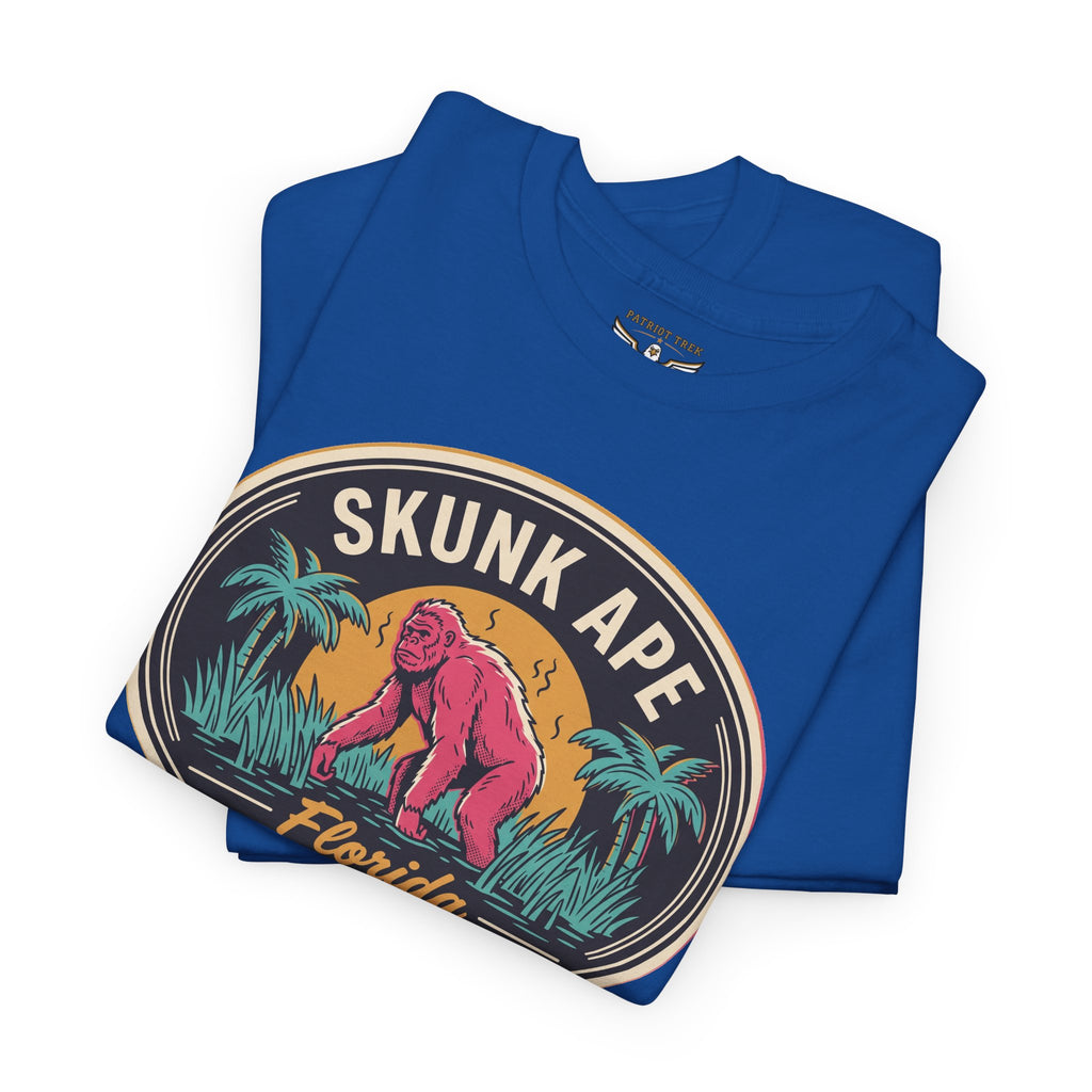 Royal blue crewneck T-shirt with circular "SKUNK APE" graphic and palm trees