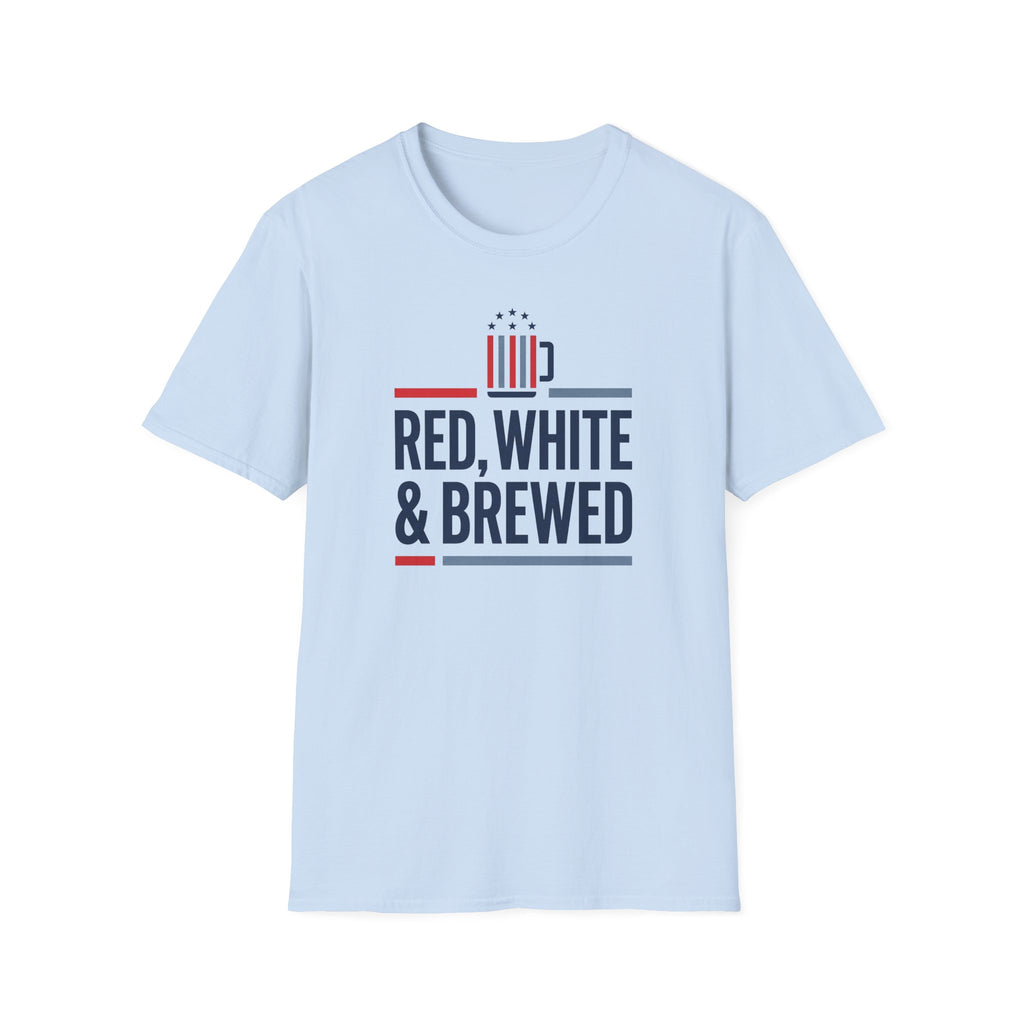 Light blue unisex T-shirt with “RED, WHITE & BREWED” graphic logo on front.