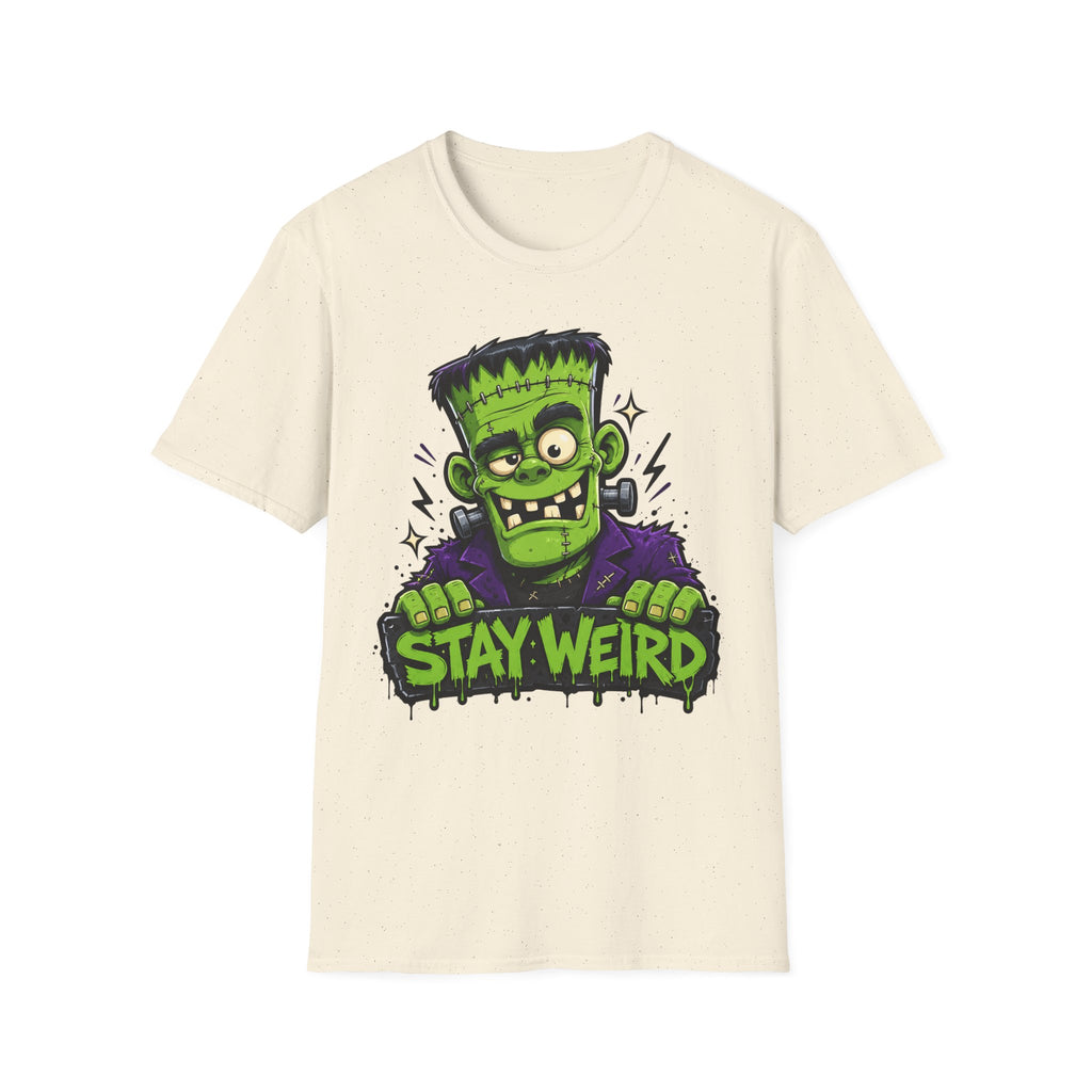 Cream T-shirt with Frankenstein monster graphic and “Stay Weird” neon text
