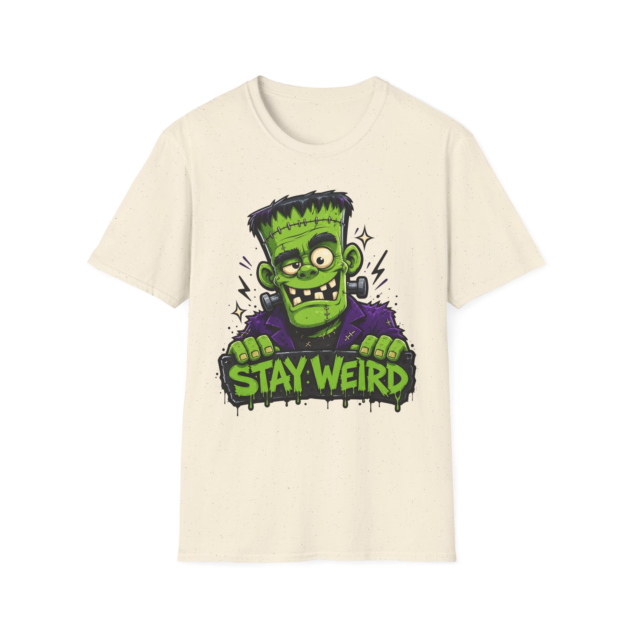 Cream T-shirt with Frankenstein monster graphic and “Stay Weird” neon text