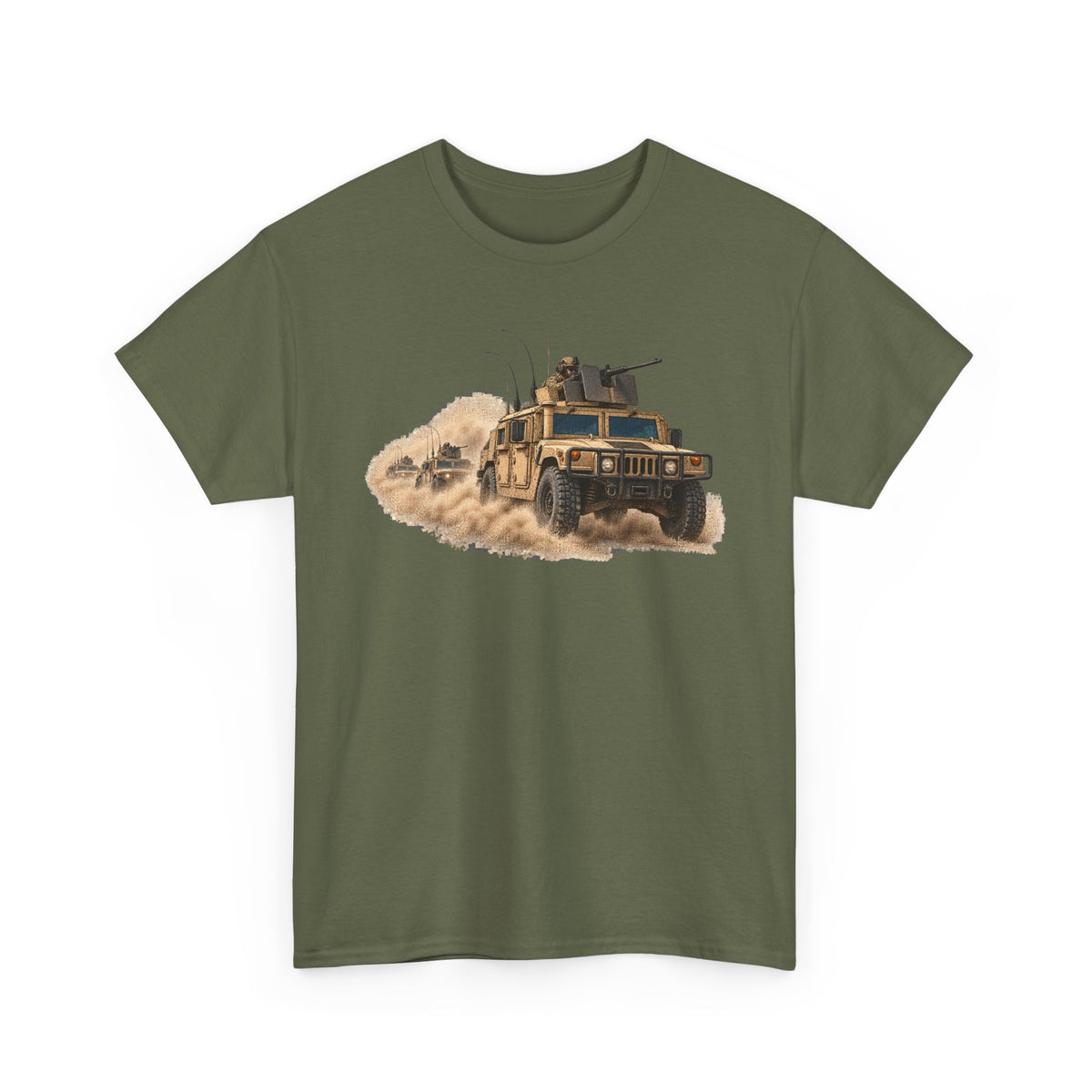 Green crew-neck T-shirt with armored vehicle graphic and tan dust trail
