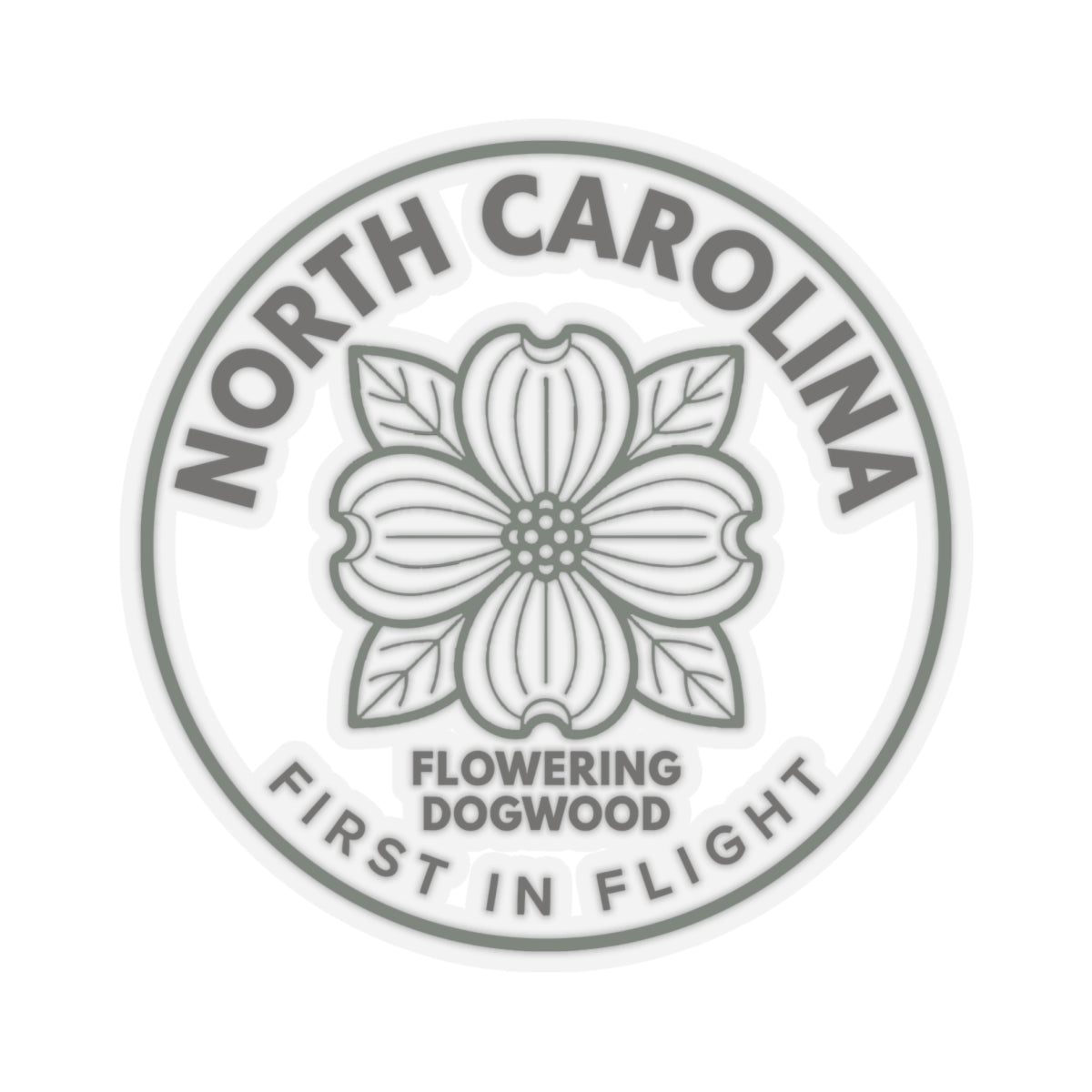 Clear vinyl dogwood sticker showing gray dogwood flower and ring text “FIRST IN FLIGHT”