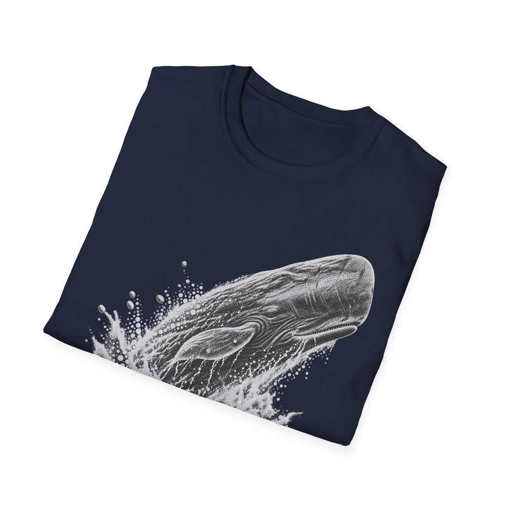 Navy blue crew-neck T-shirt with white breaching whale graphic
