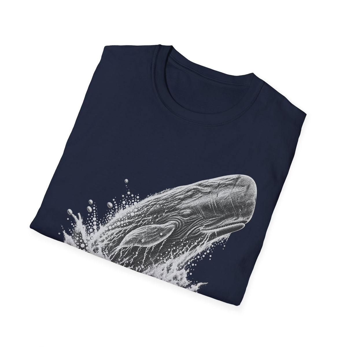 Navy blue crew-neck T-shirt with white breaching whale graphic
