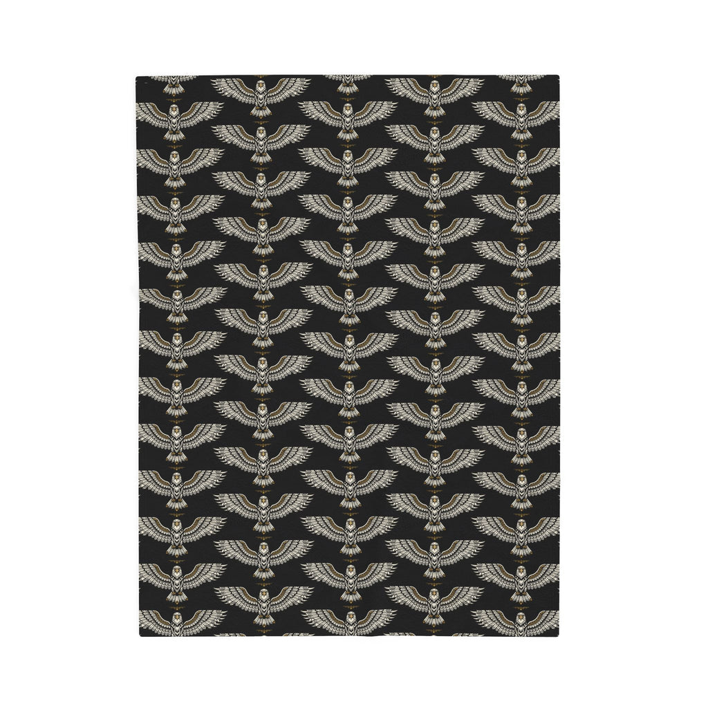 Velveteen plush blanket square view with winged skull repeat pattern in gold on dark
