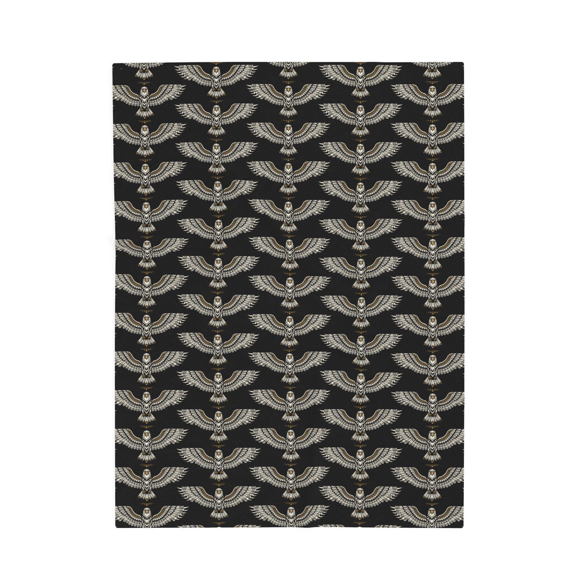 Velveteen plush blanket square view with winged skull repeat pattern in gold on dark