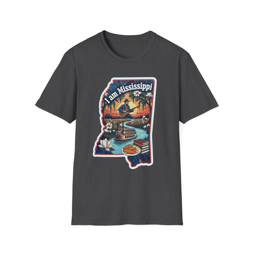 Dark charcoal T-shirt with Mississippi state silhouette graphic, riverboat and magnolia artwork