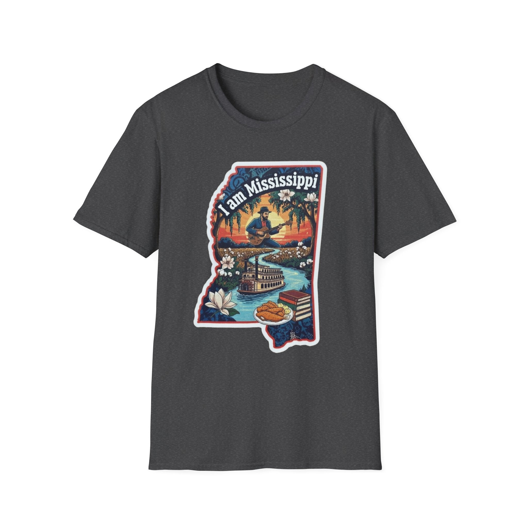 Dark charcoal T-shirt with Mississippi state silhouette graphic, riverboat and magnolia artwork
