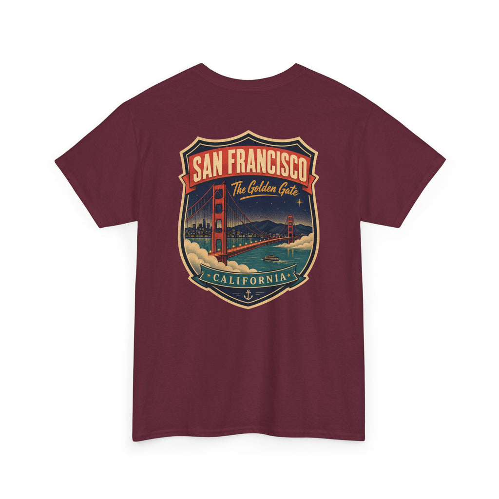 Maroon T-shirt with San Francisco city luggage tag badge graphic