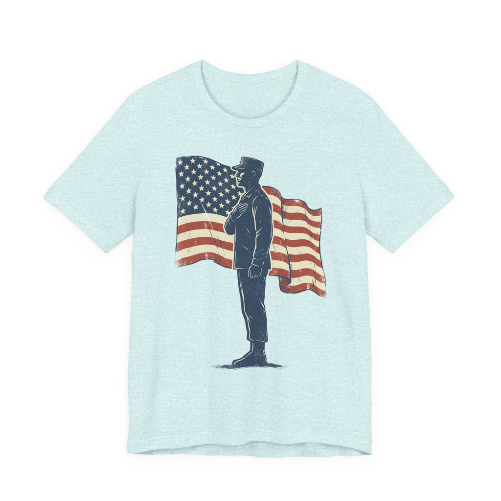 Light blue crew-neck T-shirt with saluting soldier graphic and American flag print