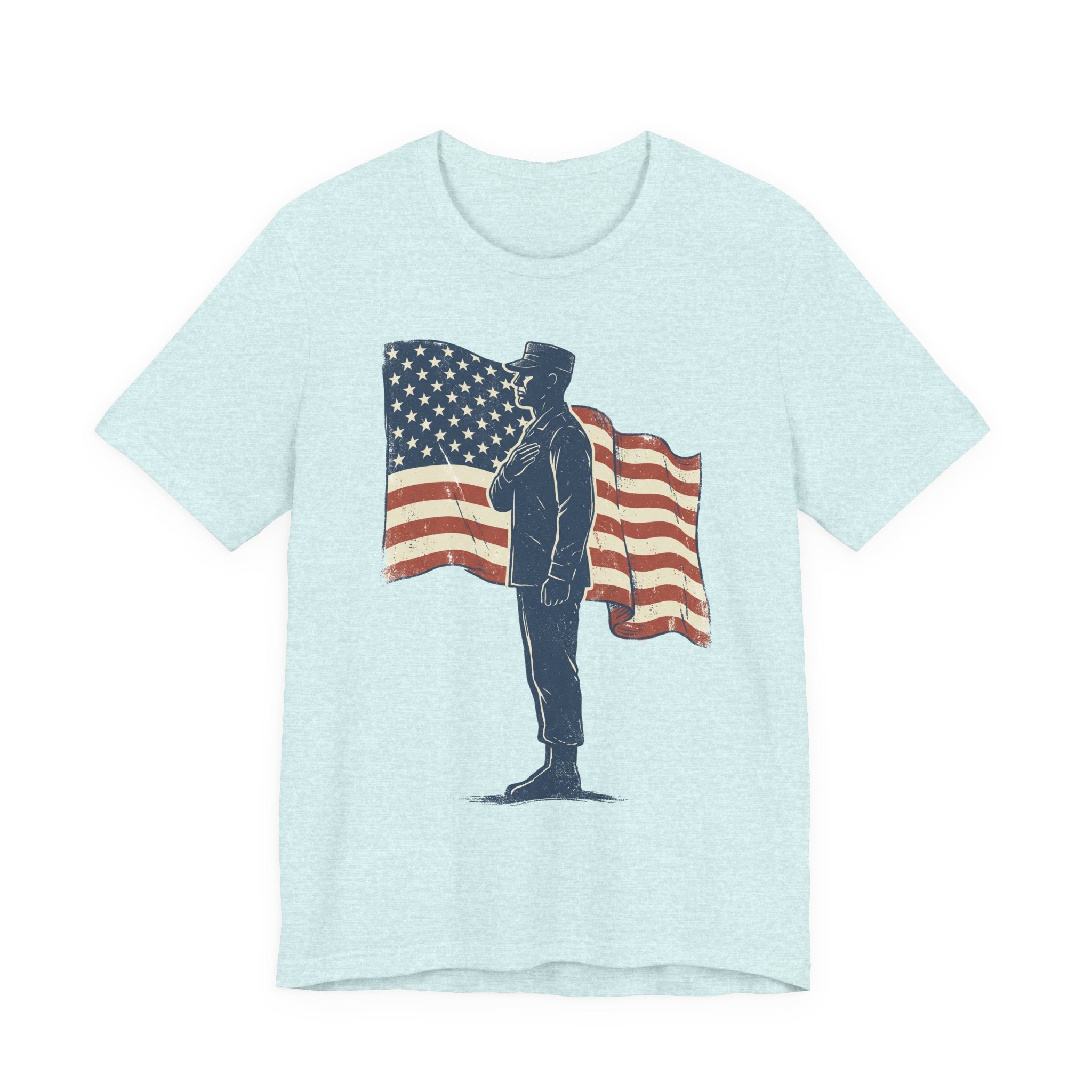 Light blue crew-neck T-shirt with saluting soldier graphic and American flag print